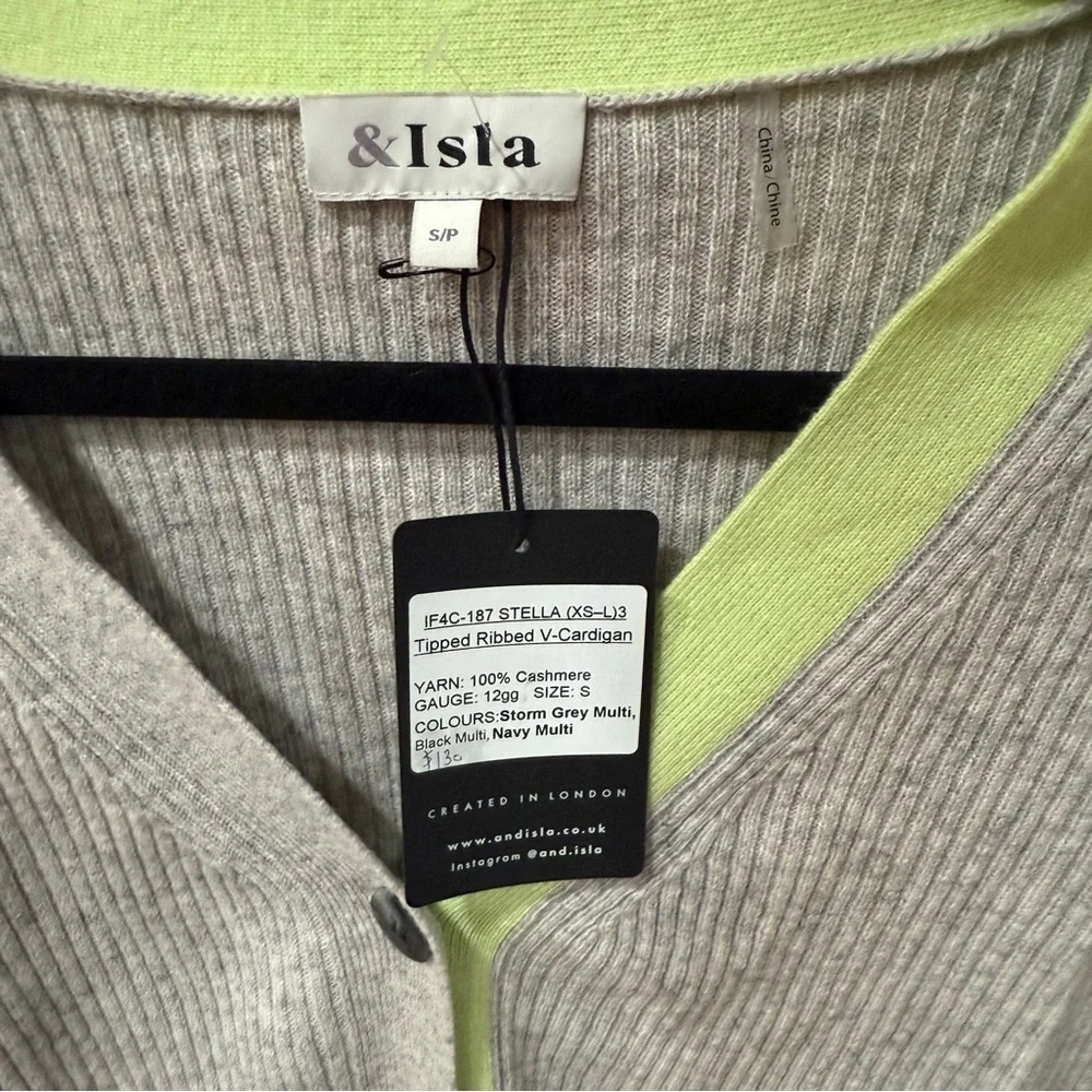 &Isla Stella Tipped Ribbed V-Cardigan- 100% Cashmere- Small- NWT- was $325